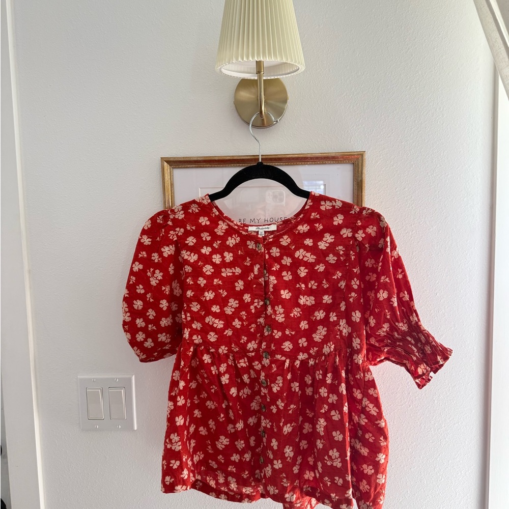 Madewell Red/Orange Floral Button-Front Peasant Blouse